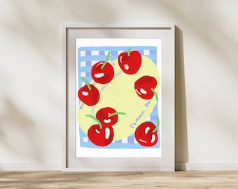 Decorazione della parete stampabile ciliegia, bomba ciliegia, stampe di frutti botanici, decorazione della parete della cucina, arte astratta minimalista, download istantaneo digitale
