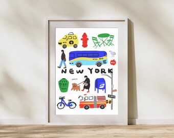 Stampa di viaggi di New York City, download di arte digitale di New York, stampa di icone di New York, arte murale carina e alla moda, arredamento per dormitori, poster d'arte di New York