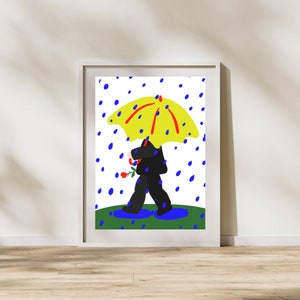 A man walking in the rain, Rainy day Mood, Rainy painting, Umbrella prints, aesthetic wall poster, Minimalistic art, Digital download