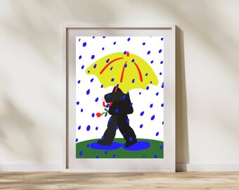 Un uomo che cammina sotto la pioggia, Umore del giorno di pioggia, Pittura piovosa, Stampe per ombrelli, Poster da parete estetico, Arte minimalista, Download digitale