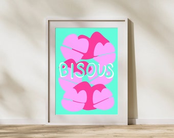 Bisous Kisses Wall Decor, regalo per gli amanti, arredamento per la casa Boho, poster murale estetico, arte minimalista, download istantaneo digitale