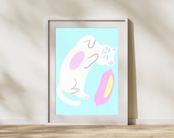 Giornata mondiale del gatto, poster di gatto a colori pastello, regalo per gli amanti dei gatti, arredamento della parete della camera dei bambini, illustrazione carina, arte minimalista, download istantaneo digitale