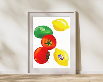 Arte della parete di frutta vegetale, poster di avocado limone pomodoro, verdure carine, stampe di frutti botanici, arredamento della parete della cucina, download istantaneo digitale