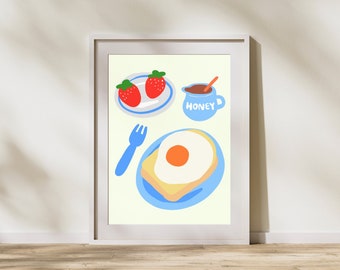 Brunch print, French Toast Wall poster, Blue Beige kitchen wall decor, Brunch cafe poster, Minimalist wall art, Digital download