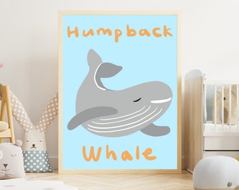 Humpback Whale Wall Decor, Nursery wall art, Boho home decor, Blue Whale illustration wall art, Kids room decor, Digital instant download