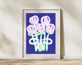Decorazione murale "Bouquet di tulipani e palloncini", decorazione murale blu malva, stampa per addio al nubilato, poster con fiori di palloncino, arte astratta minimalista