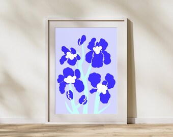 Blue Iris Wall Art, arredamento da parete Blush Mauve, stampa botanica, poster di fiori di Iris, arte astratta minimalista, arredamento per la casa Boho, download digitale