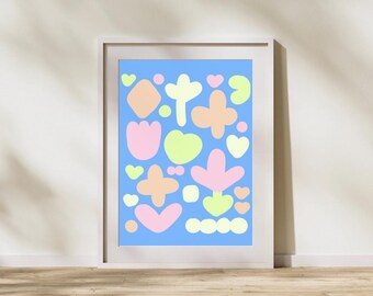 Illustrazione astratta da parete, decorazione da parete blu pastello, stampa a forma di cuore, poster per la casa in stile boho, arte astratta minimalista, download digitale