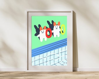Coniglietto che nuota, decorazione della parete stampabile, illustrazione animale carina, decorazione della parete della scuola materna, decorazione della camera dei bambini, download istantaneo digitale
