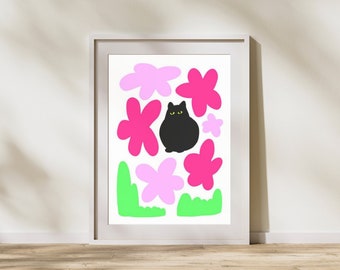 Stampa gatto nero, regalo amante dei gatti, arredamento da parete giardino fiorito gatto, simpatico gatto illustrazione wall art, arte minimalista, download istantaneo digitale