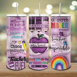 Gepersonaliseerde paarse leraar 20oz magere beker png, 3D opgeblazen leraar leven beker wrap, leren liefde inspireren, gezwollen leraar regenboog beker