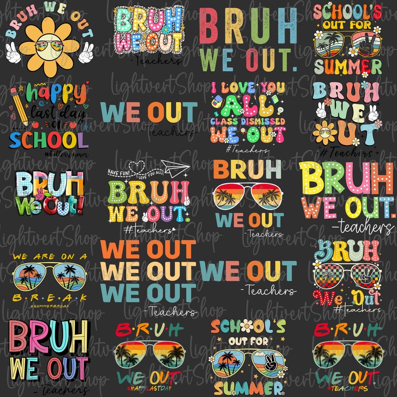 May include: A black and white digital print fabric design with a repeating pattern of colorful text and images. The text includes "BRUH WE OUT" and "SCHOOL'S OUT FOR SUMMER". The images include a sun with sunglasses, a pair of sunglasses with palm trees reflected in the lenses, and a paper airplane.