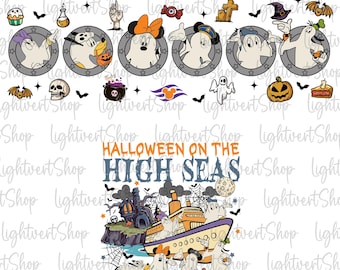 May include: A Halloween-themed graphic featuring Disney characters as ghosts. The design includes the text "HALLOWEEN ON THE HIGH SEAS" and a cruise ship illustration. Additional elements include bats, pumpkins, and stars.