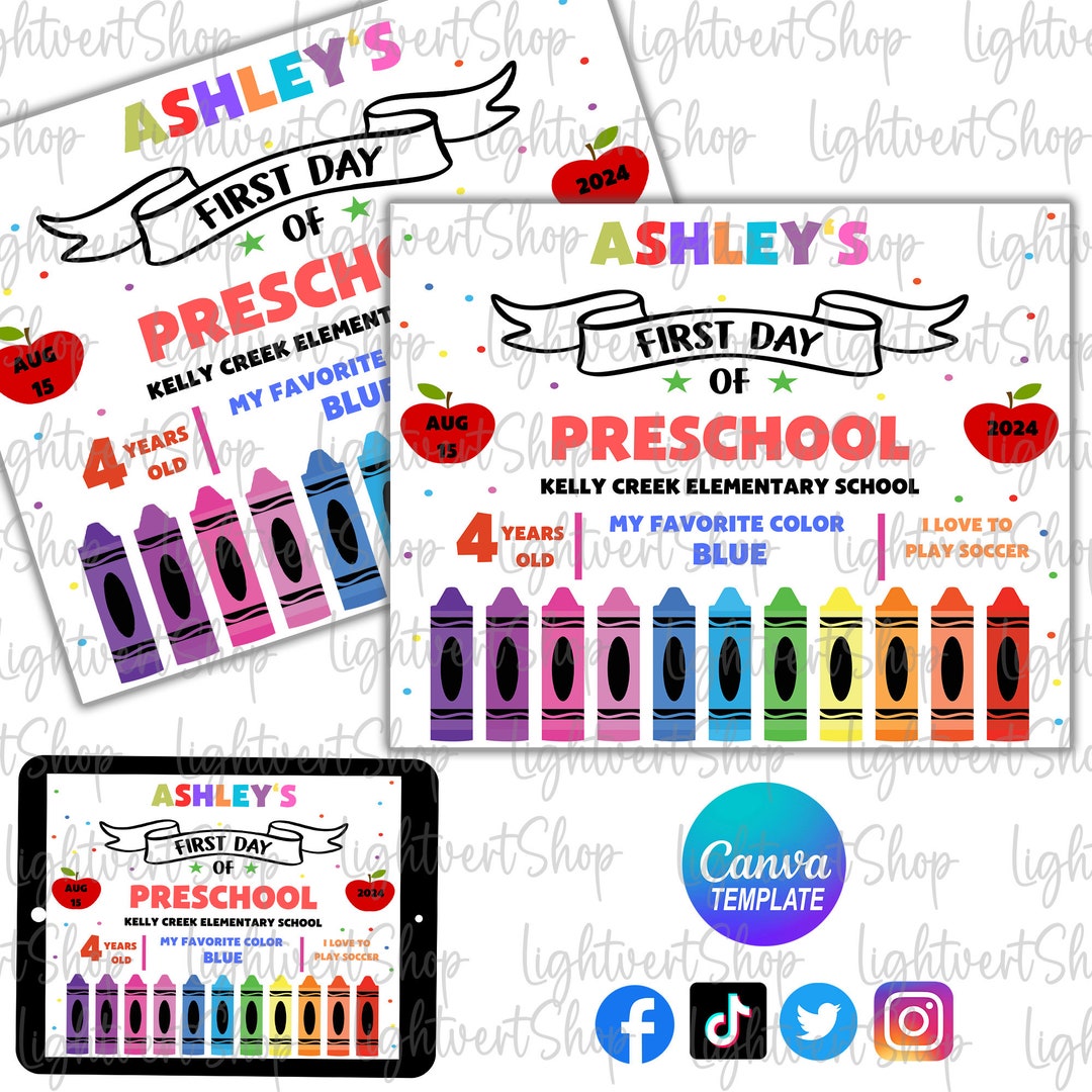Editable First Day of Preschool, Back to School Template, Personalized ...