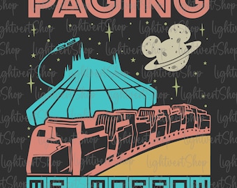 May include: A black and white graphic design with a retro style. The design features a futuristic space ship, a train, and the text "PAGING MR. TOM MORROW".