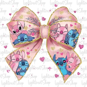 May include: Pink and gold bow with a glitter finish. The bow features four images of Stitch and Angel from the Disney movie Lilo & Stitch. The images show the characters in various poses, including hugging and holding hands.