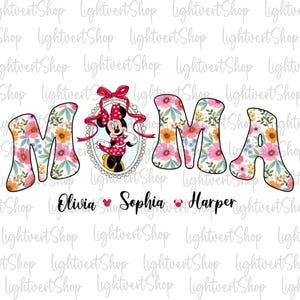 Gepersonaliseerde bloemen Mama png, vintage mama png, mama aangepaste kindernaam png, moeder leven, muis Moederdag, cartoon vrouwen T-shirt ontwerp png