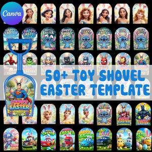 Op de afbeelding: Een blauwe speelgoed schep met een handvat, met een Superman-afbeelding en de tekst "Happy Easter". De afbeelding toont ook verschillende personages met Pasen als thema, waaronder Disney-prinsessen en superhelden, met de tekst "50+ Toy Shovel Easter Template."