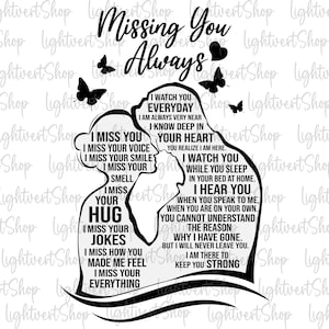 Puede incluir: Un diseño gráfico en blanco y negro con las palabras "Missing You Always" y una silueta de dos personas abrazándose. El diseño incluye mariposas y texto que expresa sentimientos de amor y recuerdo.