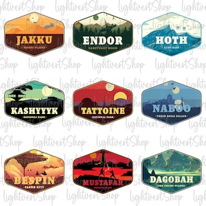 May include: Nine retro-style travel posters featuring iconic locations from the Star Wars universe. Each poster features a unique landscape and text describing the location, such as "Jakku - Desert Planet" and "Endor - Sanctuary Moon".