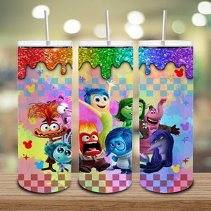 Cartoon Emotions Friends Vaso flaco de 20 oz, Hoy me siento envoltura de vaso de 20 oz, Vaso de brillo brillante, Diseño de sublimación de vaso colorido