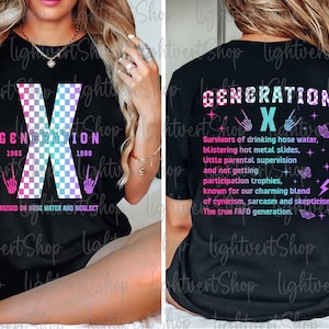 May include: Black t-shirt featuring a chequered "X" graphic and the text "Generation X 1965-1980" on the front. The back of the shirt has the text "Generation X" with a description of the generation.
