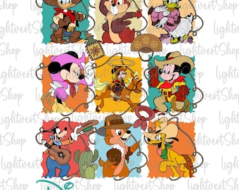 May include: A colorful illustration of Disney characters dressed in cowboy outfits. The characters include Mickey Mouse, Minnie Mouse, Donald Duck, Goofy, Pluto, and Chip 'n Dale. The text "DISNEY HOWDY PARTNERS" is at the bottom of the image.