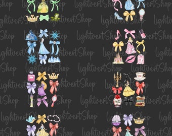 Bundle Watercolor Princess Coquette Bow Png, Family Vacation Png, Princess Family Shirt,Cartoon Coquette Bow, Pink Ribbon Sublimation Design