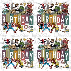 Pacote de PNG de aniversário de super-heróis, design de esquadrão de equipe de aniversário, personagens heróis aniversariantes menino menina sublimação, esquadrão de heróis para crianças aniversário PNG