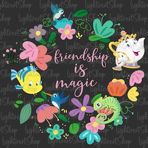 Vänskap är magi png, prinsessans sidekicks png, tecknade sommarvibbar, familjesemester png, blommiga sidekick-karaktärer clipart
