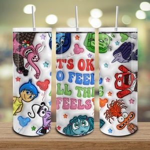 3D opgeblazen, het is oké om te voelen Bekerontwerp, logotherapie, beker voor geestelijke gezondheid, Cartoon Emotions 20oz skinny beker, logopedie