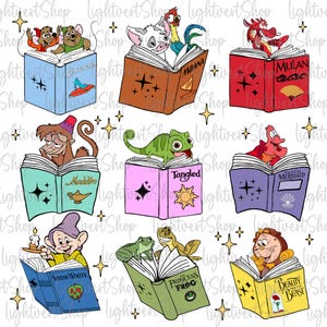 May include: A white background with nine colorful book illustrations. Each book features a different Disney character and movie title. The characters include Cinderella, Mulan, Ariel, Aladdin, Tangled, Snow White, The Princess and the Frog, and Beauty and the Beast.