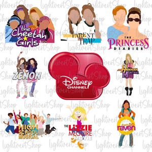 Puede incluir: Una colección de logotipos de películas y series de televisión de Disney Channel, incluyendo "The Cheetah Girls", "Tú a Londres y yo a California", "El diario de la princesa", "Zenon", "Hannah Montana", "High School Musical", "Lizzie McGuire" y "Raven".