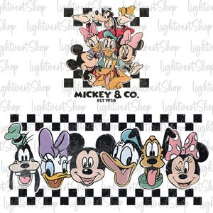 May include: A graphic featuring Mickey Mouse and friends, including Donald Duck, Minnie Mouse, and Goofy, on a white background with a black and white checkered pattern. The text "Mickey & Co. EST 1928" is also present.