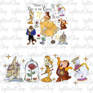 May include: A digital illustration of characters from the film Beauty and the Beast. The illustration features Belle, Beast, Lumiere, Cogsworth, Mrs. Potts, and the enchanted rose. The illustration is in a watercolour style with a white background.