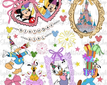 May include: A digital clipart set featuring various Disney characters, including Mickey Mouse, Minnie Mouse, Donald Duck, Goofy, and Daisy Duck. The set includes images of a birthday banner, fireworks, a castle, and a cake. The images are in a cartoon style and are perfect for creating birthday cards, invitations, or party decorations.