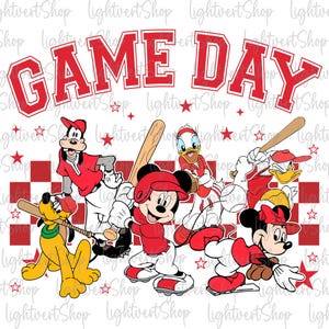 May include: A red and white checkered background with the text "GAME DAY" in red letters. Five cartoon characters are playing baseball: Mickey Mouse, Minnie Mouse, Donald Duck, Goofy, and Pluto.