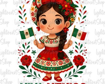 May include: A digital illustration of a smiling girl in a traditional Mexican dress, holding two Mexican flags. She wears a red bow, floral headpiece, and a red and white dress. The words "VIVA MEXICO" are at the bottom.
