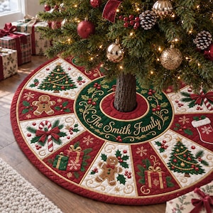 May include: A circular quilted Christmas tree skirt featuring a deep red and green color palette with embroidered holiday motifs including gingerbread figures, candy canes, wrapped gifts, and trees. The center displays the text The Smith Family.