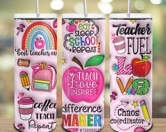 Pink Teacher Fuel 20oz Skinny Tumbler Png, 3D Inflated Teacher Life Tumbler Wrap, Teach Love Inspire, Puffy Teacher Rainbow Tumbler Png