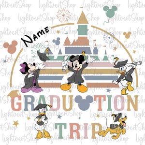 Custom Name Mouse and Friends Graduation Trip Png, Cartoon Graduation 2025 Png, Senior 2025 Png, Tassel to Castle Png, Cute Graduation Gift