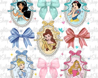 May include: A digital paper pattern featuring Disney princesses in ornate frames with bows in various colors. The princesses include Jasmine, Snow White, Belle, Cinderella, and Aurora.
