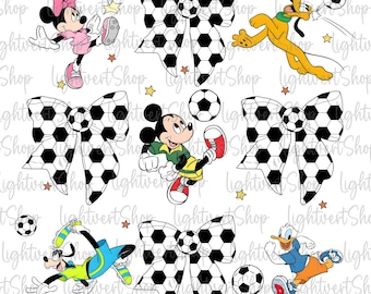 May include: A digital clipart set featuring Mickey Mouse, Minnie Mouse, Goofy, and Donald Duck playing soccer. The characters are wearing soccer uniforms and are surrounded by soccer balls and bows made of soccer balls.