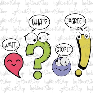 May include: A green question mark, a red heart, a purple circle with eyes, and a yellow exclamation point, each with cartoon eyes and a speech bubble. The speech bubbles contain the text "What?", "Wait", "Stop It", and "I Agree!"