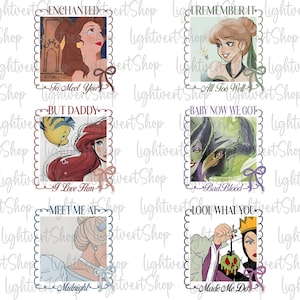 May include: A set of six square art prints showcasing Disney characters. Each print is framed with a scalloped border and includes text such as "Enchanted," "I Remember It," "But Daddy," "Baby Now We Got," "Meet Me At," and "Lool What You."