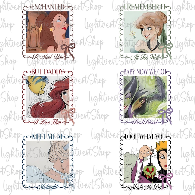 May include: A set of six square art prints showcasing Disney characters. Each print is framed with a scalloped border and includes text such as "Enchanted," "I Remember It," "But Daddy," "Baby Now We Got," "Meet Me At," and "Lool What You."
