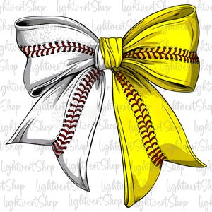 May include: A white and yellow bow with red stitching, resembling a baseball. The bow is tied in a knot and the ends are flowing.