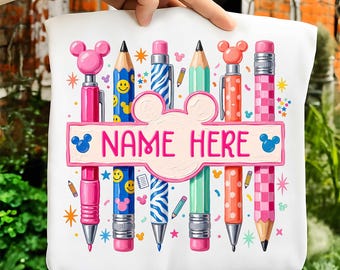 Custom Kids Name Shirt Png, Mouse Pencil Stripes Back to School Png, Cartoon First Day of School Png, Hand-painted, Teacher Appreciation