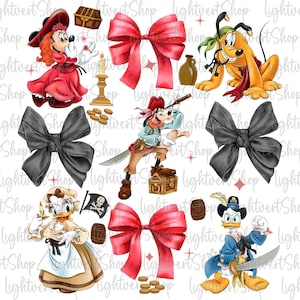 Könnte beinhalten: Eine digitale Illustration mit verschiedenen Disney-Charakteren, die als Piraten verkleidet sind. Zu den Charakteren gehören Mickey Mouse, Minnie Mouse, Donald Duck, Goofy und Pluto. Die Illustration enthält eine Vielzahl von piratenbezogenen Requisiten wie Schatztruhen, Schwerter und Fässer.