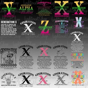 Może przedstawiać: Kolaż 12 kolorowych grafik z tekstem "Generacja X" z różnymi datami i frazą "Wychowani na wodzie z węża i zaniedbani". Grafiki zawierają czaszkę, szachownicę i dłoń z symbolem pokoju.